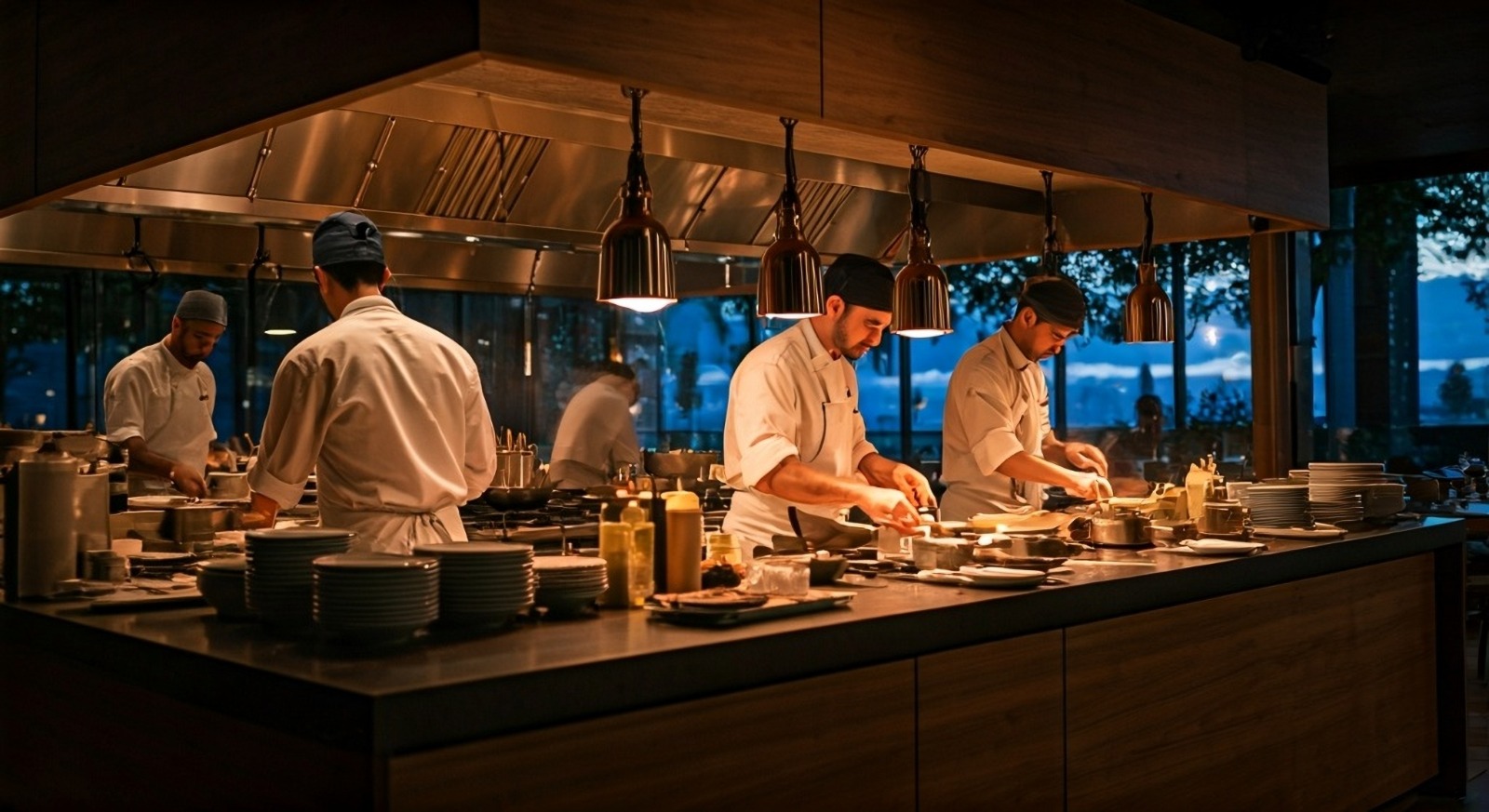 Cuochi al lavoro nella cucina a vista