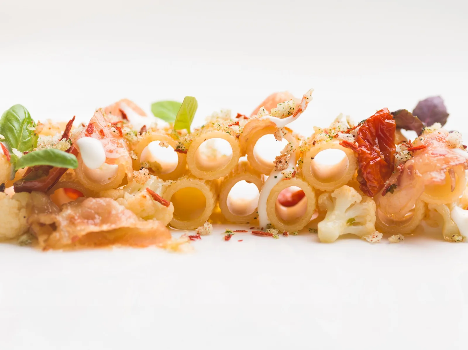 Paccheri con pancetta croccante, cavolfiore, pomodori secchi e basilico